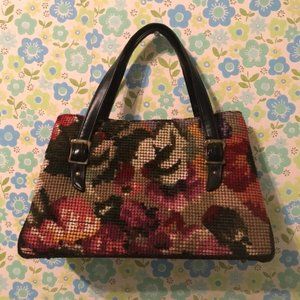 Vintage Needlepoint Black Floral Purse